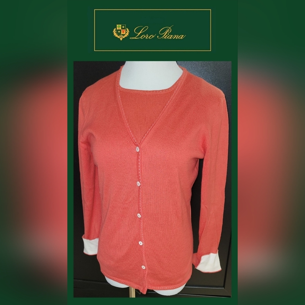 Loro Piana Italy Coral Orange Cotton Sweater Cardigan Tank Twinset 44 M L 12